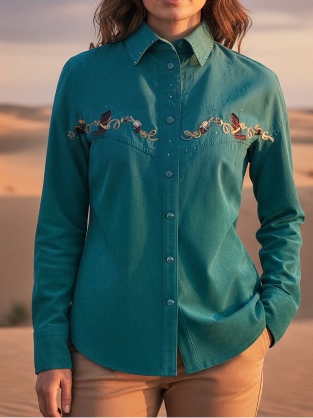 Vintage Wanted Teal Silk Western Shirt Embroidered Boots and Lasso Motifs Large